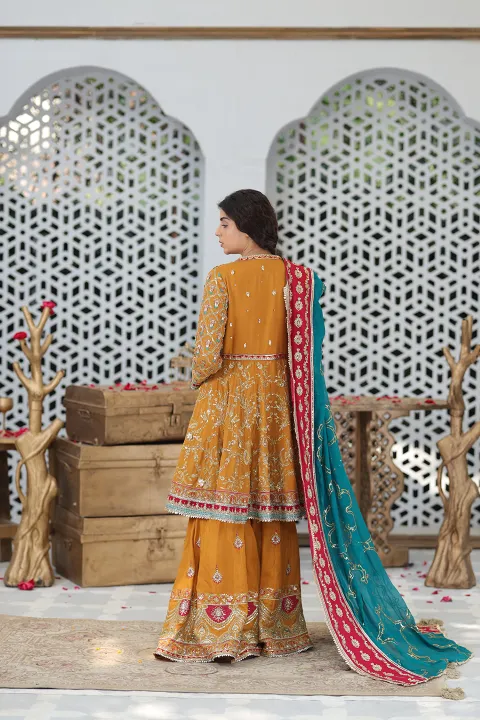 Burnt Orange Gharara Pant Suit with Teal and Hot Pink Dupatta with Gold work