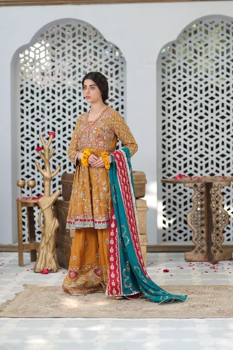 Burnt Orange Gharara Pant Suit with Teal and Hot Pink Dupatta with Gold work