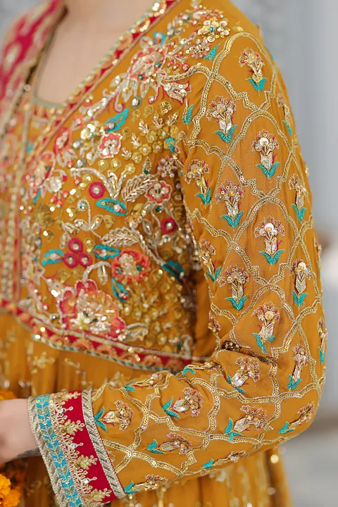 Burnt Orange Gharara Pant Suit with Teal and Hot Pink Dupatta with Gold work
