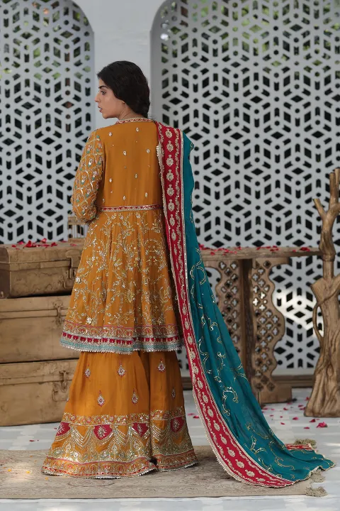 Burnt Orange Gharara Pant Suit with Teal and Hot Pink Dupatta with Gold work