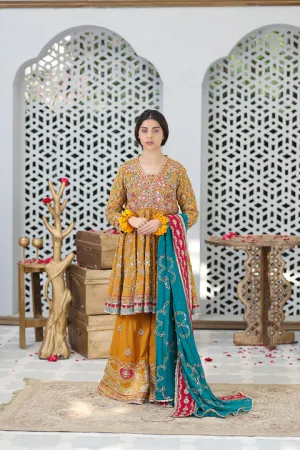 Burnt Orange Gharara Pant Suit with Teal and Hot Pink Dupatta with Gold work