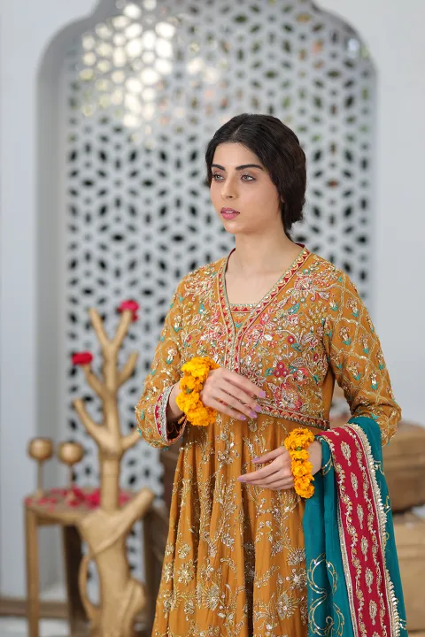 Burnt Orange Gharara Pant Suit with Teal and Hot Pink Dupatta with Gold work