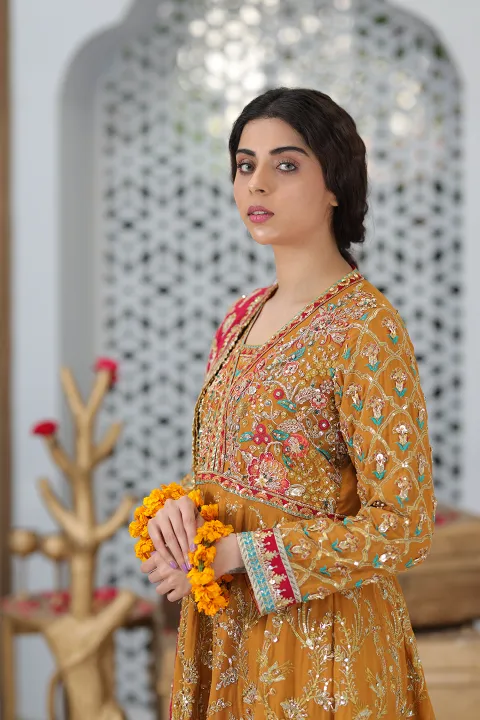 Burnt Orange Gharara Pant Suit with Teal and Hot Pink Dupatta with Gold work