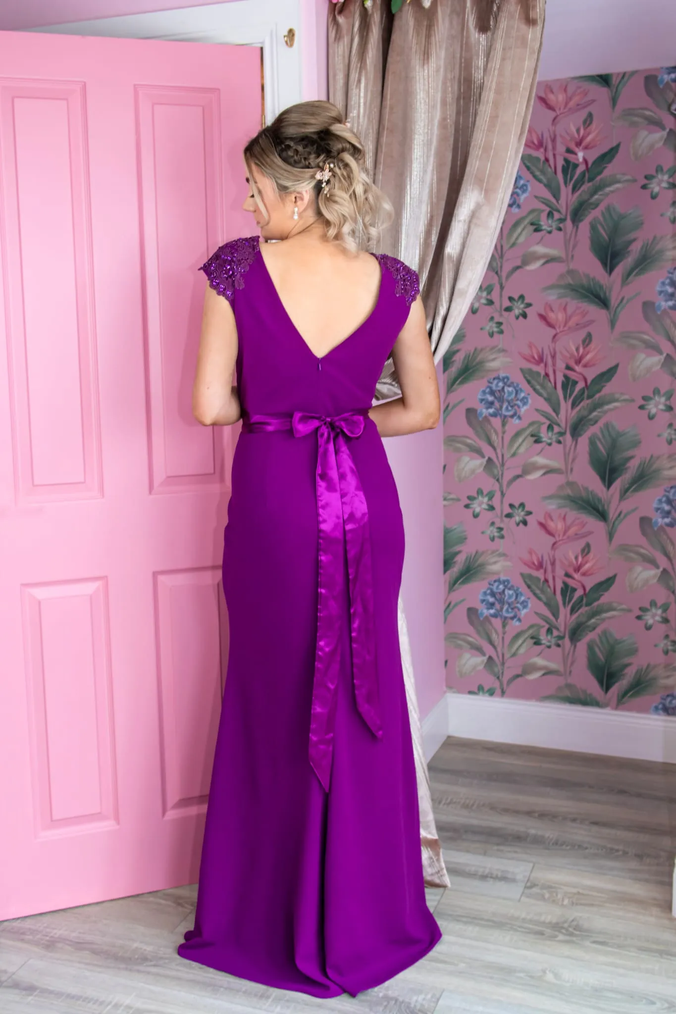 Caroline Magenta Laced Deatail Shoulder Caps Bridesmaids Dress
