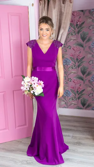 Caroline Magenta Laced Deatail Shoulder Caps Bridesmaids Dress