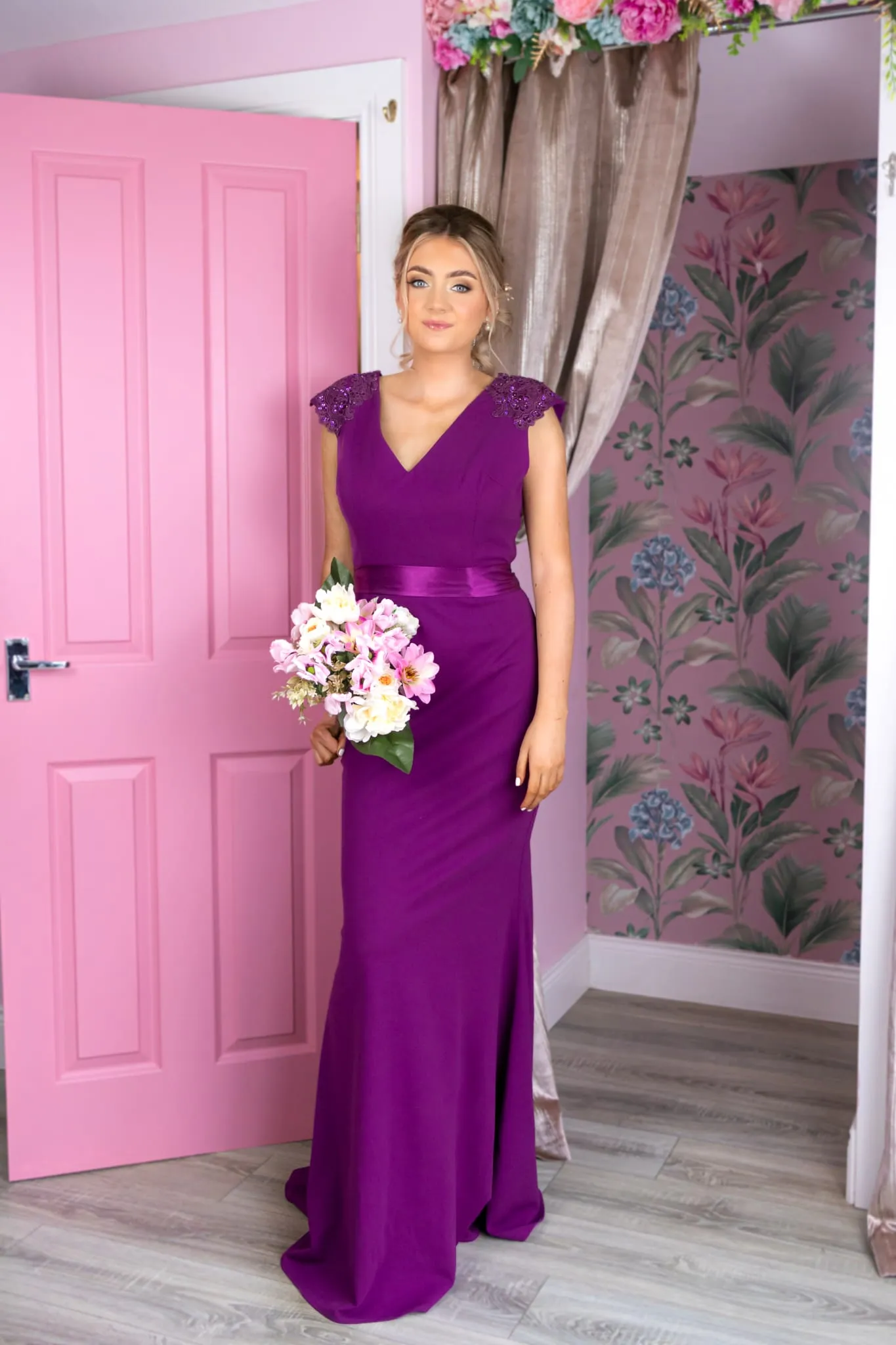 Caroline Magenta Laced Deatail Shoulder Caps Bridesmaids Dress