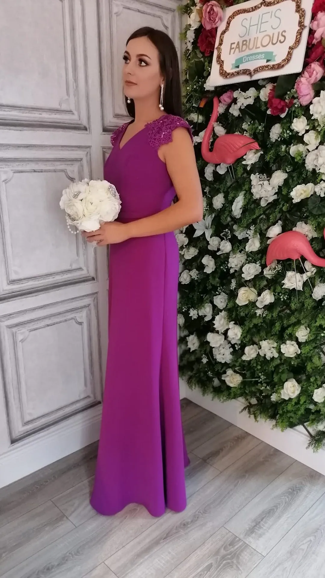Caroline Magenta Purple V Neck Laced Shoulder Cap Bridesmaids Dress