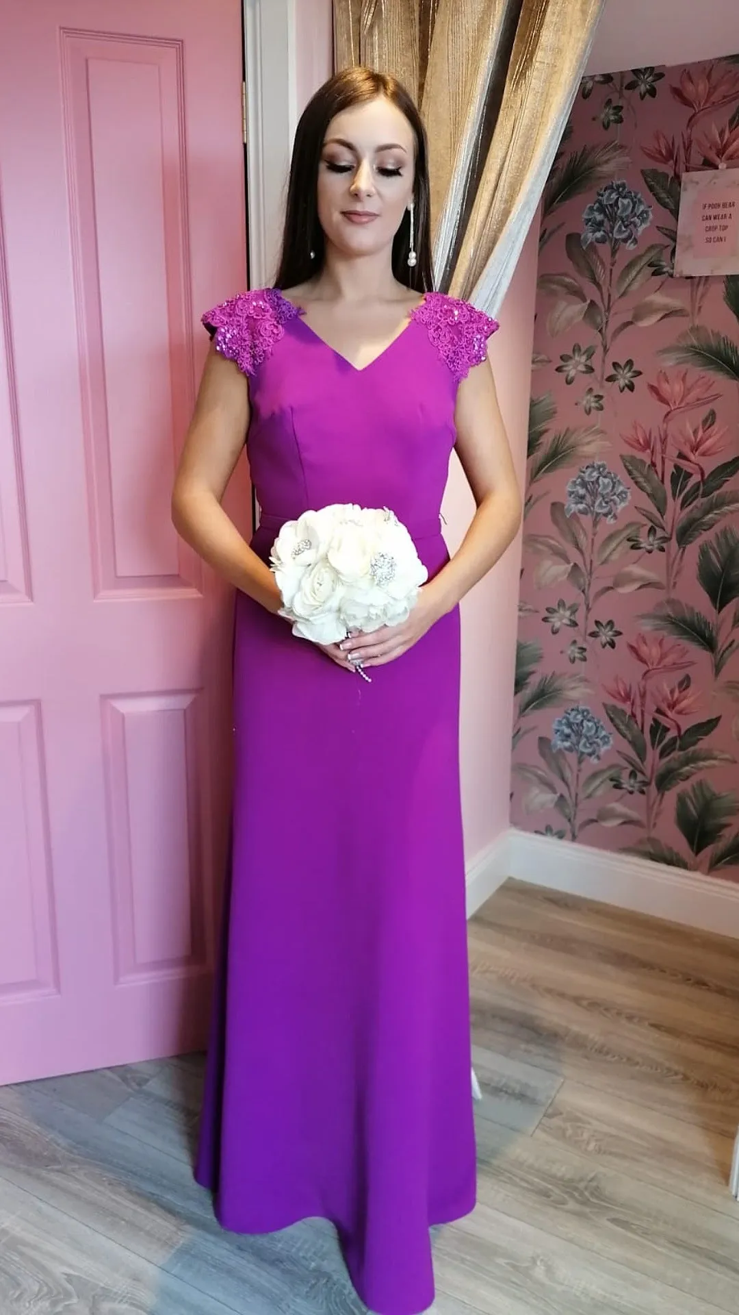 Caroline Magenta Purple V Neck Laced Shoulder Cap Bridesmaids Dress