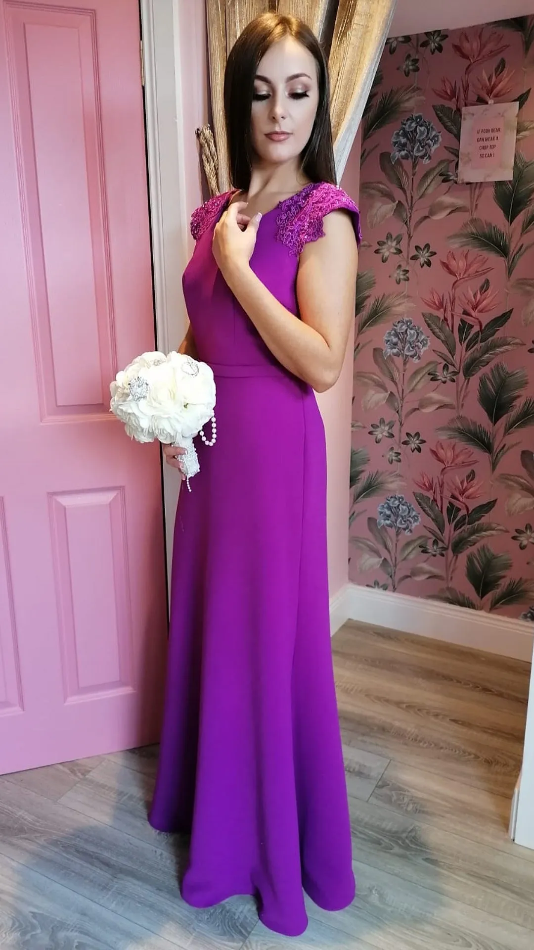 Caroline Magenta Purple V Neck Laced Shoulder Cap Bridesmaids Dress