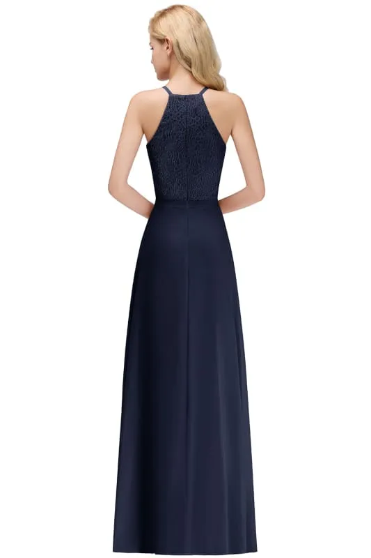 Chic Halter Aline Bridesmaid Dress Pleated Lace Chiffon Evening Dress