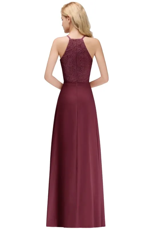 Chic Halter Aline Bridesmaid Dress Pleated Lace Chiffon Evening Dress