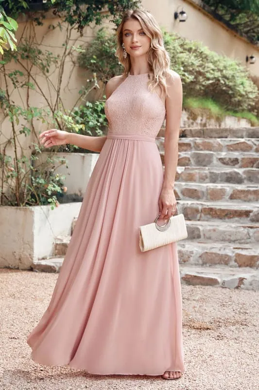Chic Halter Aline Bridesmaid Dress Pleated Lace Chiffon Evening Dress