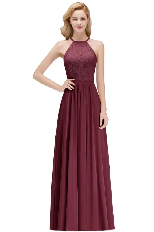 Chic Halter Aline Bridesmaid Dress Pleated Lace Chiffon Evening Dress