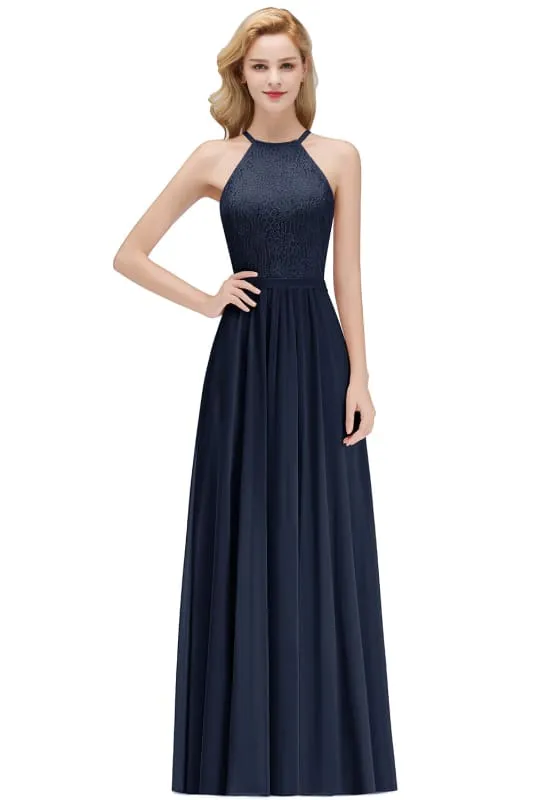 Chic Halter Aline Bridesmaid Dress Pleated Lace Chiffon Evening Dress
