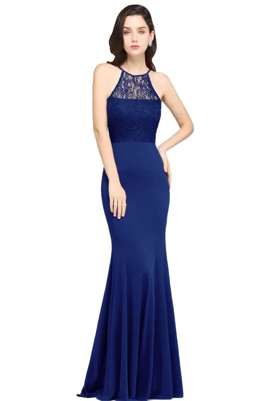 Chic Halter Floral Lace Mermaid Bridesmaid Dress Chiffon Floor Length Evening Dress