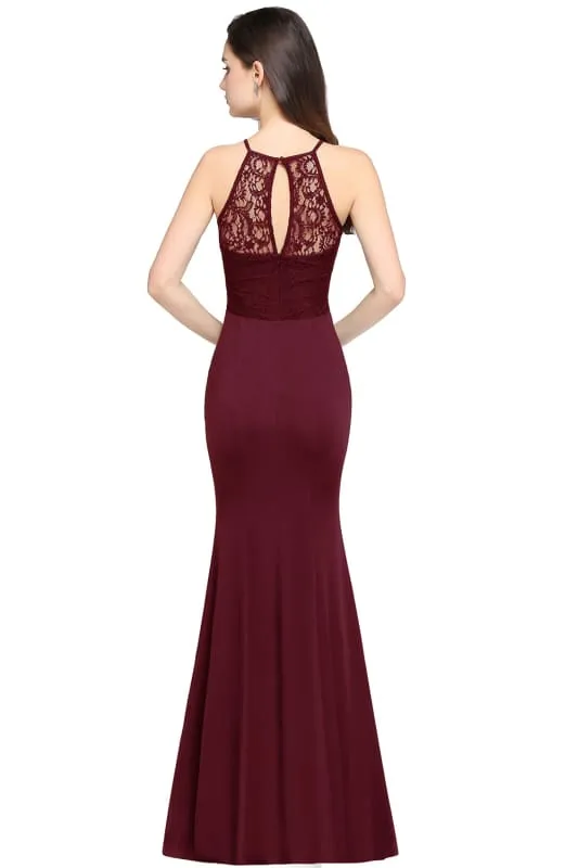 Chic Halter Floral Lace Mermaid Bridesmaid Dress Chiffon Floor Length Evening Dress