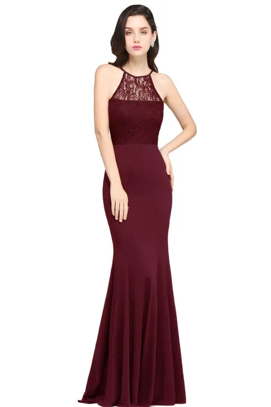 Chic Halter Floral Lace Mermaid Bridesmaid Dress Chiffon Floor Length Evening Dress