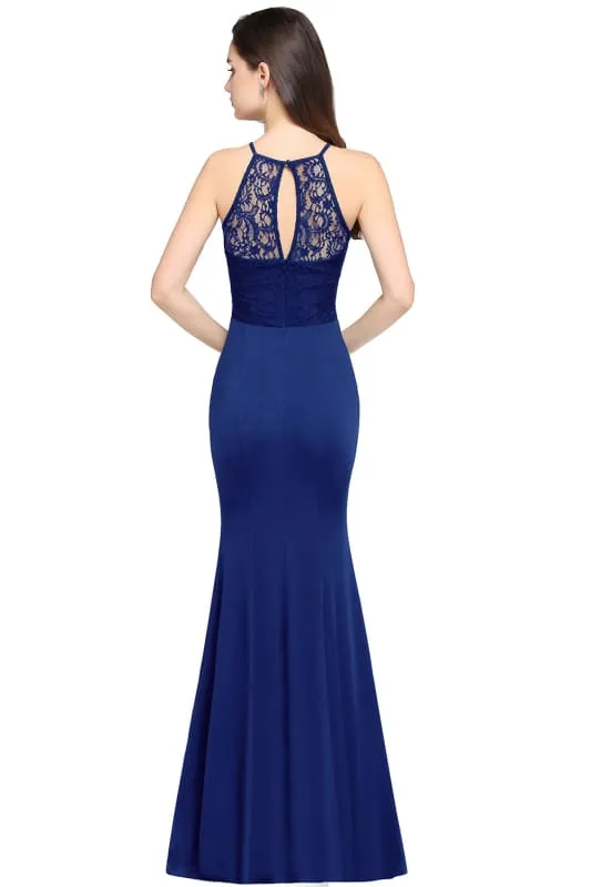 Chic Halter Floral Lace Mermaid Bridesmaid Dress Chiffon Floor Length Evening Dress