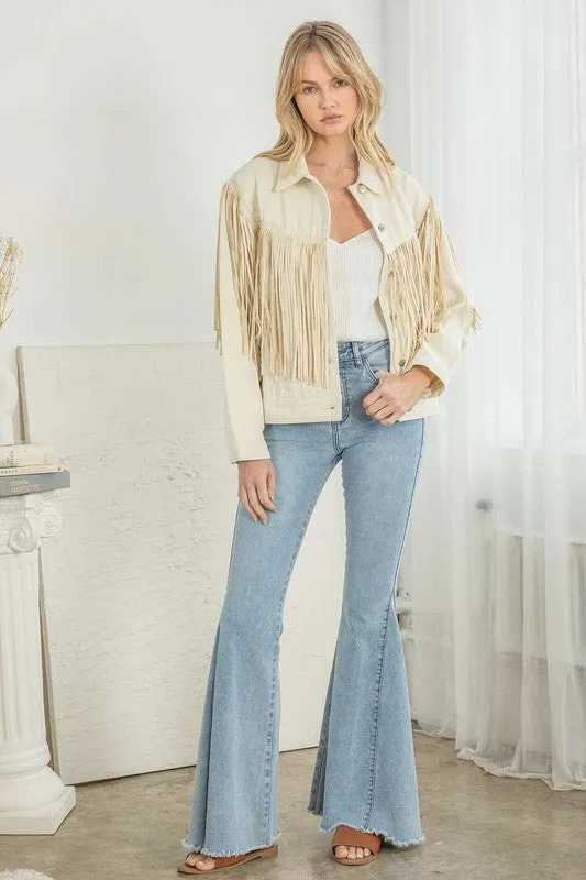 Cream Denim Fringe Jacket