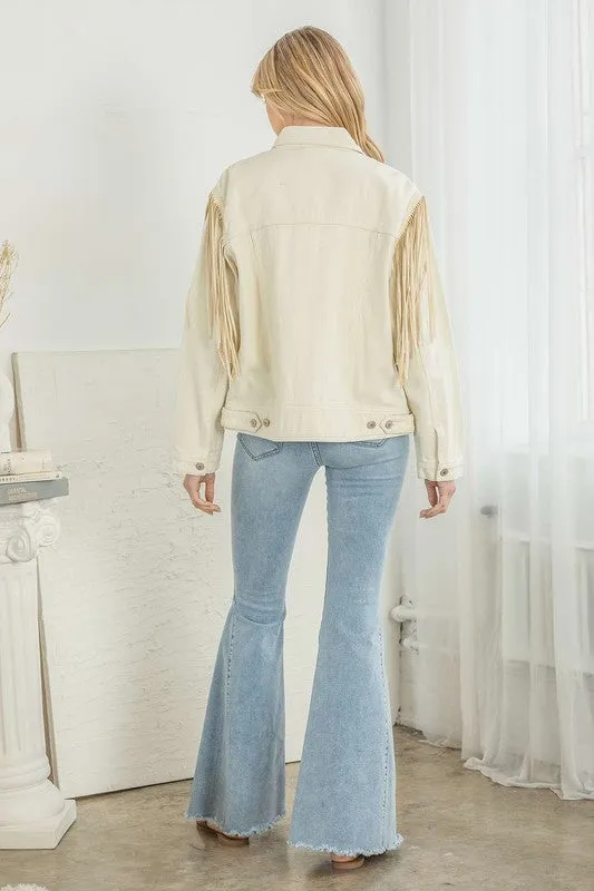 Cream Denim Fringe Jacket
