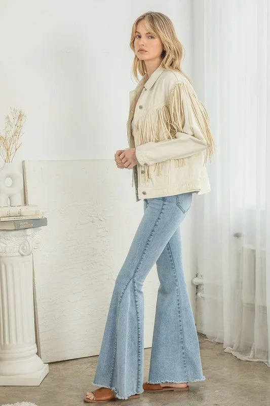Cream Denim Fringe Jacket