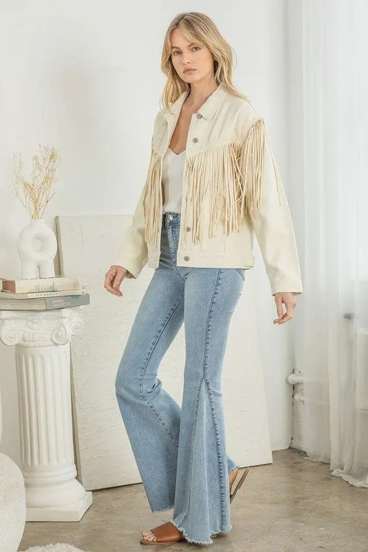 Cream Denim Fringe Jacket