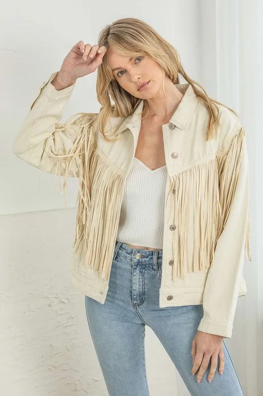 Cream Denim Fringe Jacket