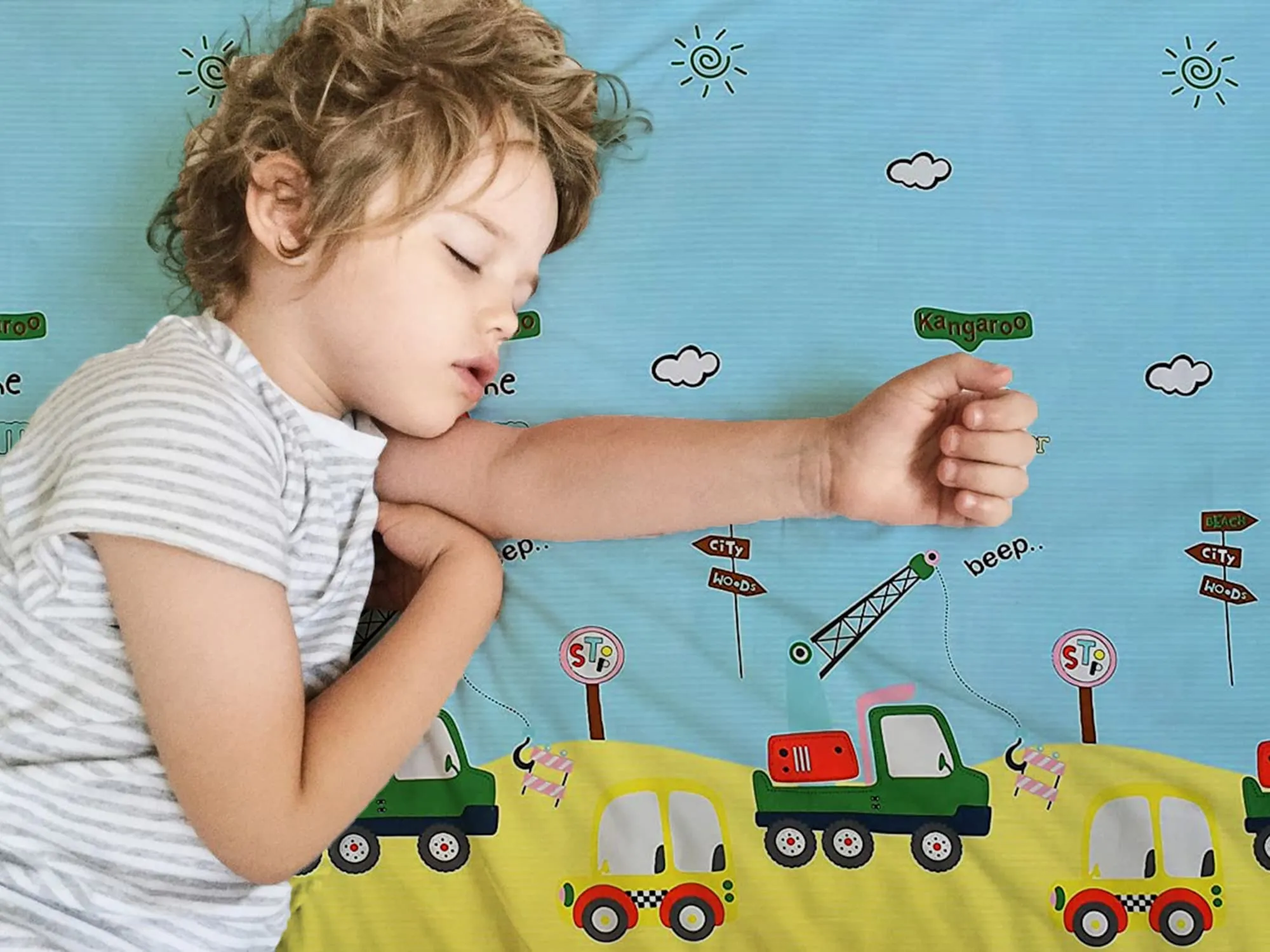 Filymore Car Single Bed Sheet for Cute car Toys bedsheet for Boys Room Cartoon bedsheet for Kids Made with Microfiber 1 bedsheet with 1 Pillow Covers (Size 90x60 Inch)(Colour-Lemon and Sky Blue)
