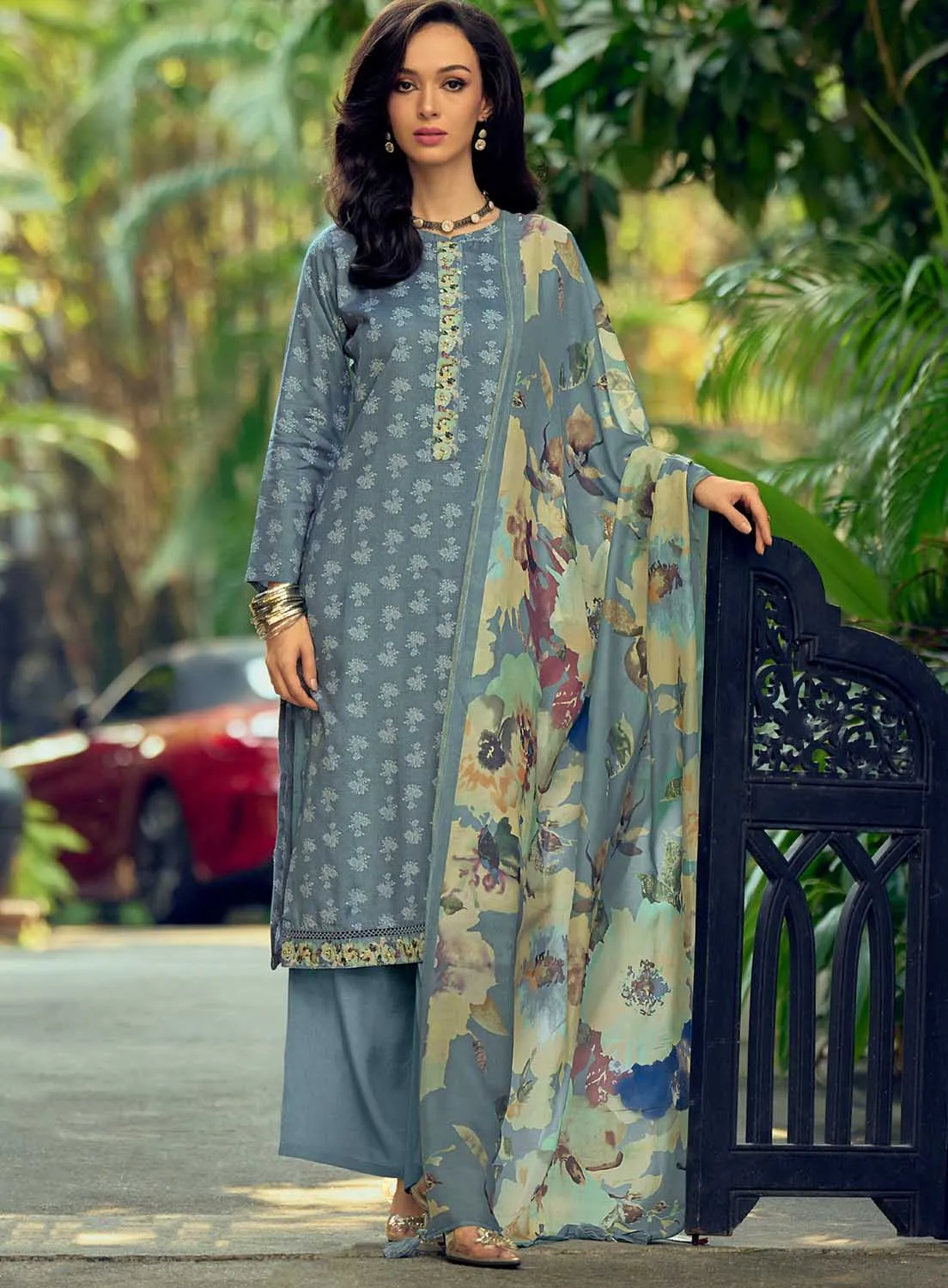 Grey Pure Muslin Unstitched Salwar Suit Dress Material for Women