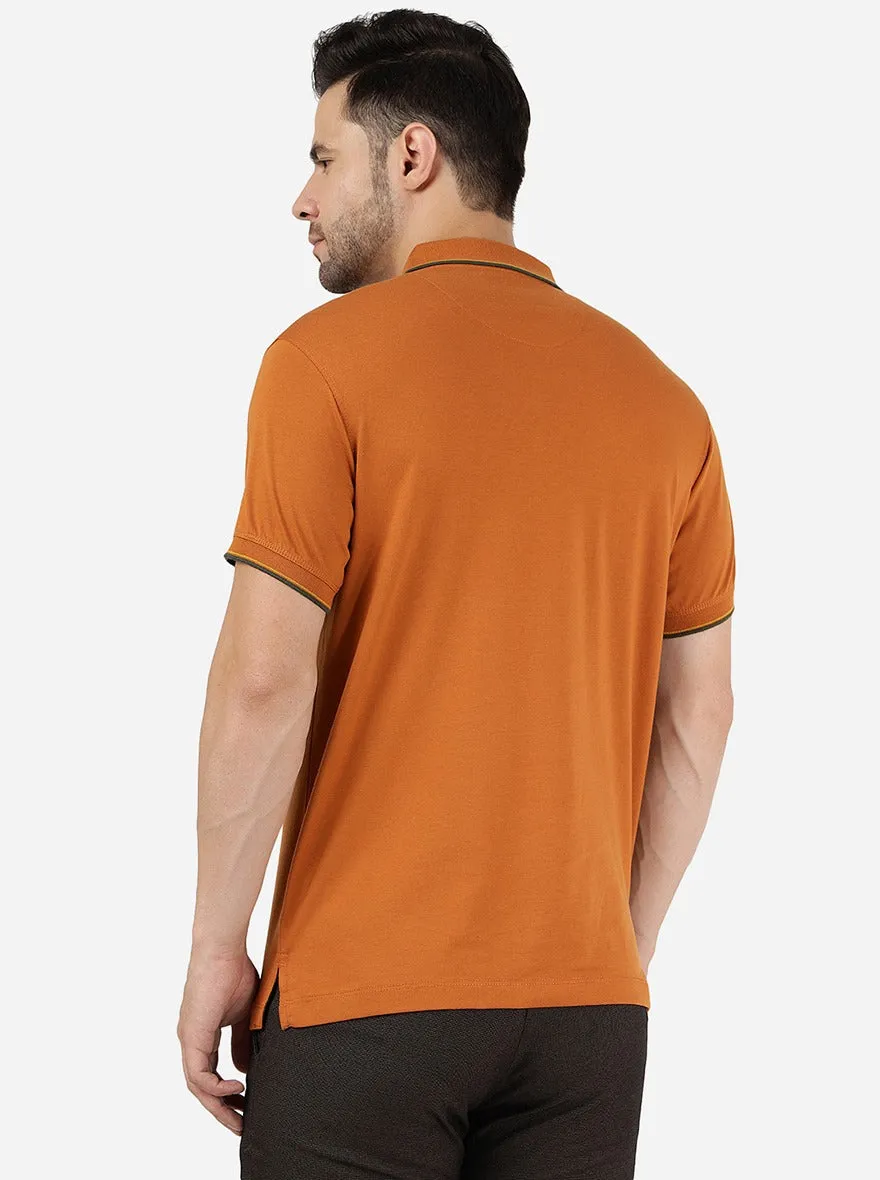 Leather Brown Solid Slim Fit Polo T-Shirt | Greenfibre