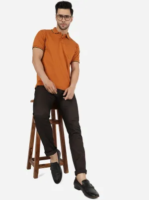 Leather Brown Solid Slim Fit Polo T-Shirt | Greenfibre