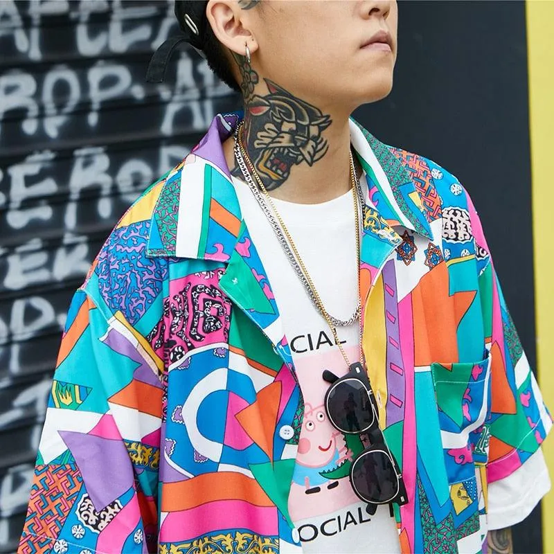 Men Retro Abstract Button Down
