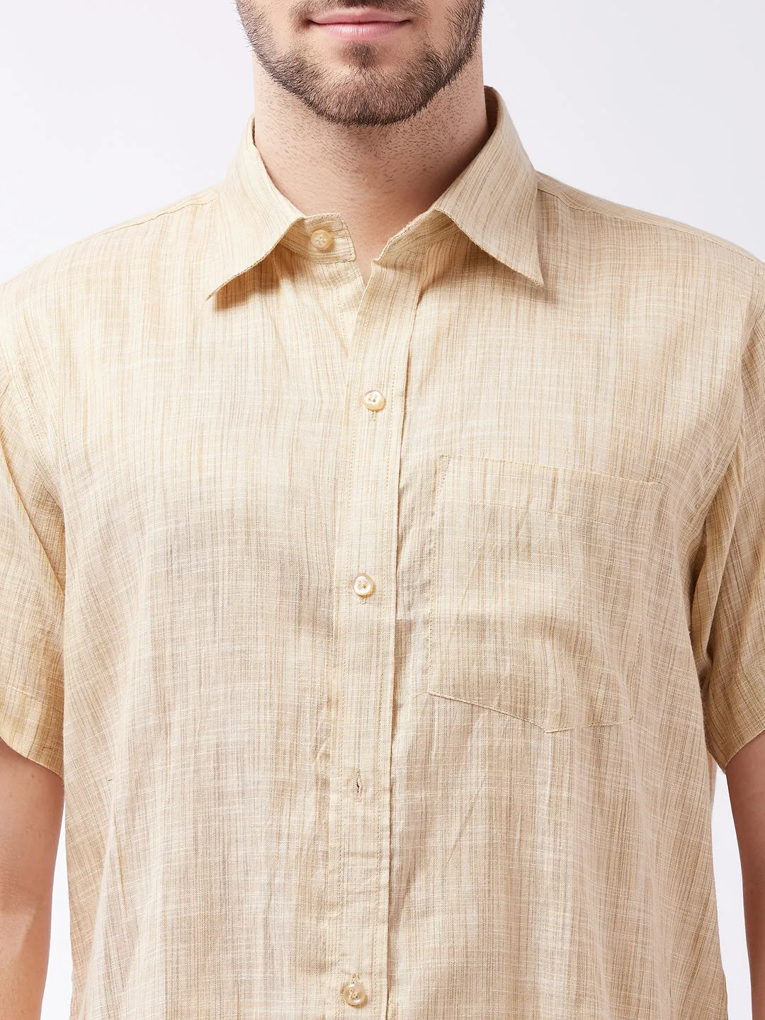 Men's Beige And White Cotton Blend Shirt And Mundu - Vastramay