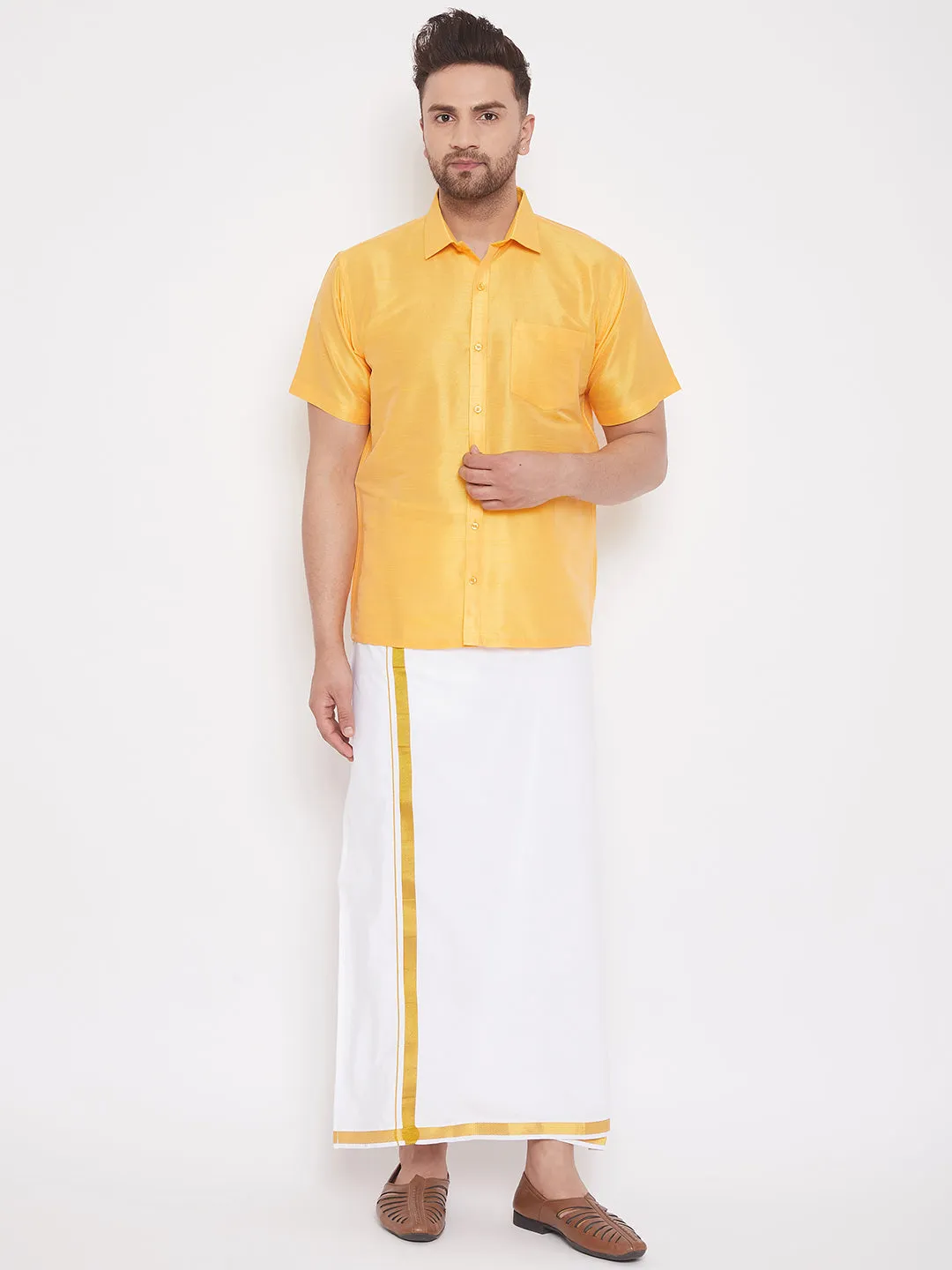 Men's Yellow Silk Blend Ethnic Shirt - Vastramay
