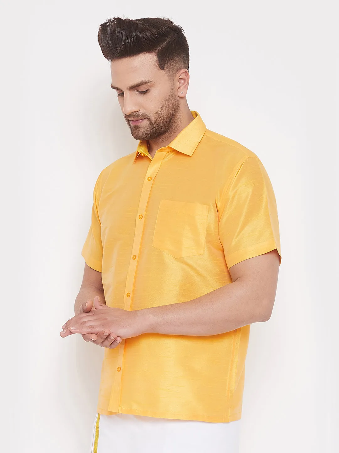 Men's Yellow Silk Blend Ethnic Shirt - Vastramay