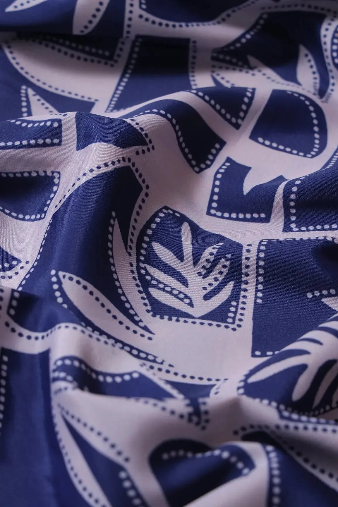 Navy Blue And White Geometric Pattern Digital Print On French Crepe Fabric