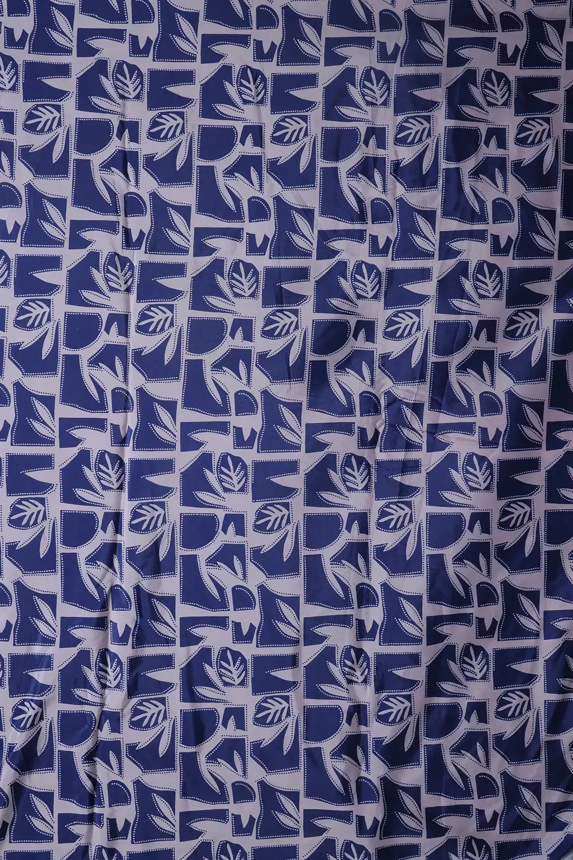 Navy Blue And White Geometric Pattern Digital Print On French Crepe Fabric
