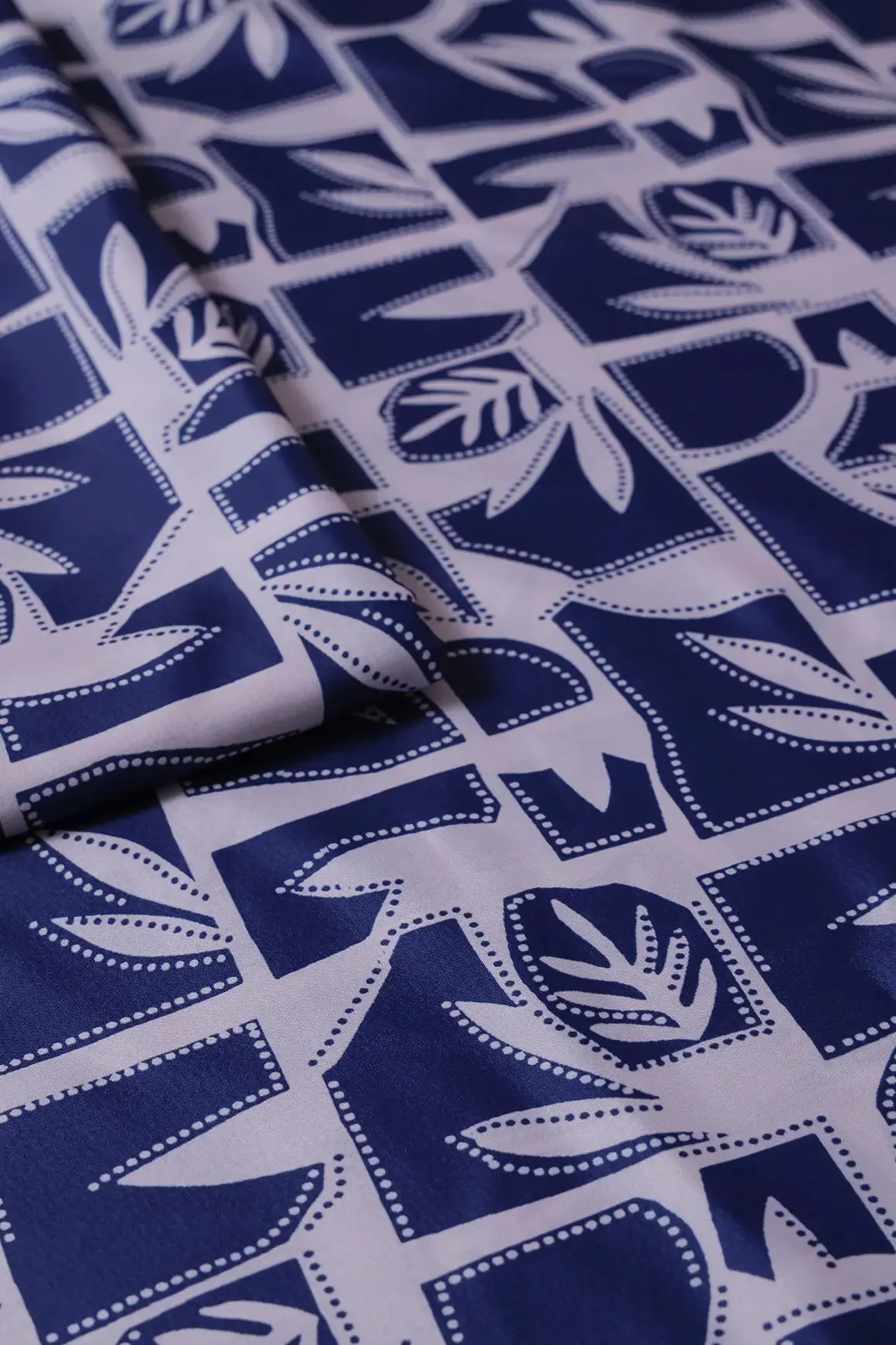 Navy Blue And White Geometric Pattern Digital Print On French Crepe Fabric