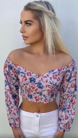 Pink Floral Long Sleeve Off Shoulder Crop Top