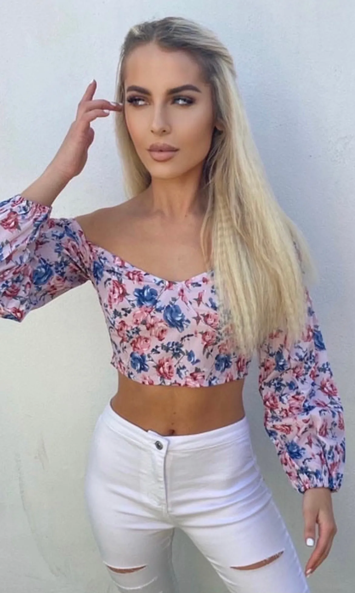 Pink Floral Long Sleeve Off Shoulder Crop Top