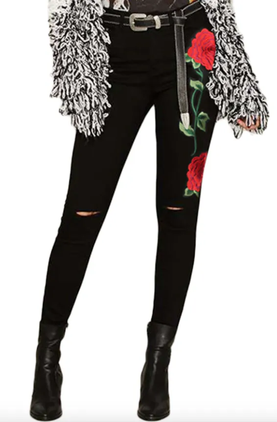 Rose Embroidered Black Jeans Women