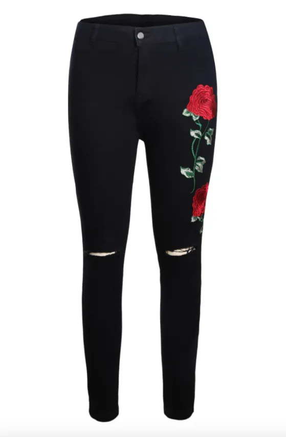 Rose Embroidered Black Jeans Women