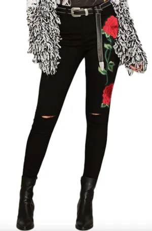 Rose Embroidered Black Jeans Women