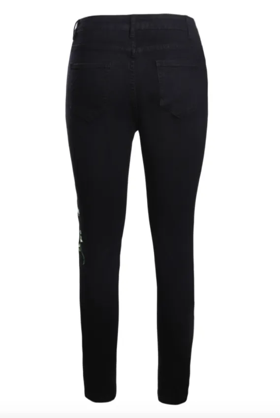 Rose Embroidered Black Jeans Women