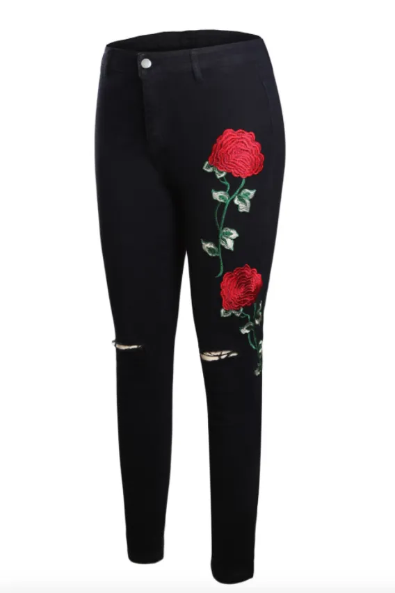 Rose Embroidered Black Jeans Women