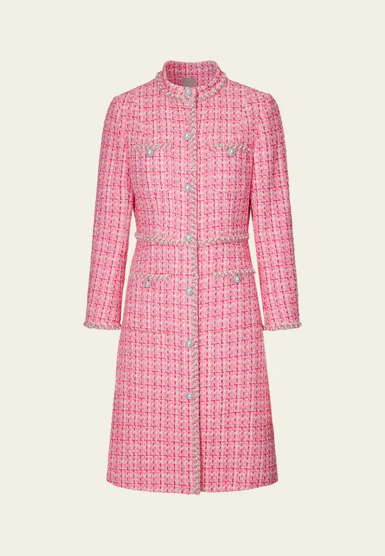 Stand-collar Patch-pocket Embellished-trim Checked Dress