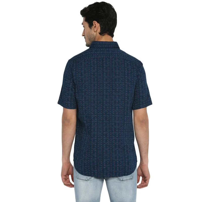 Turtle Men Cotton Navy Blue Slim Fit Printed Shirts