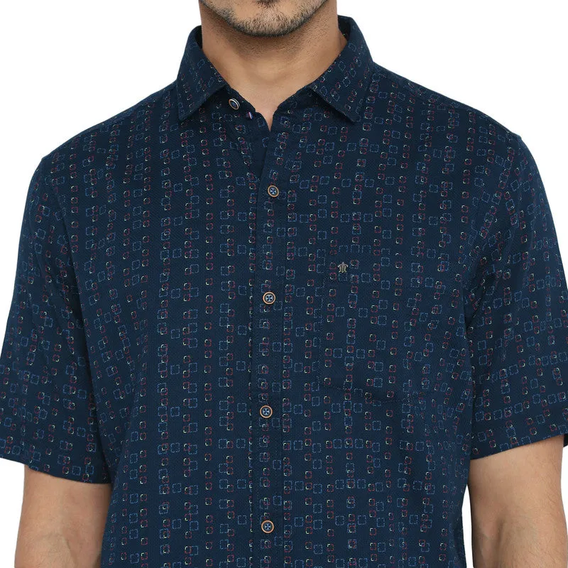 Turtle Men Cotton Navy Blue Slim Fit Printed Shirts