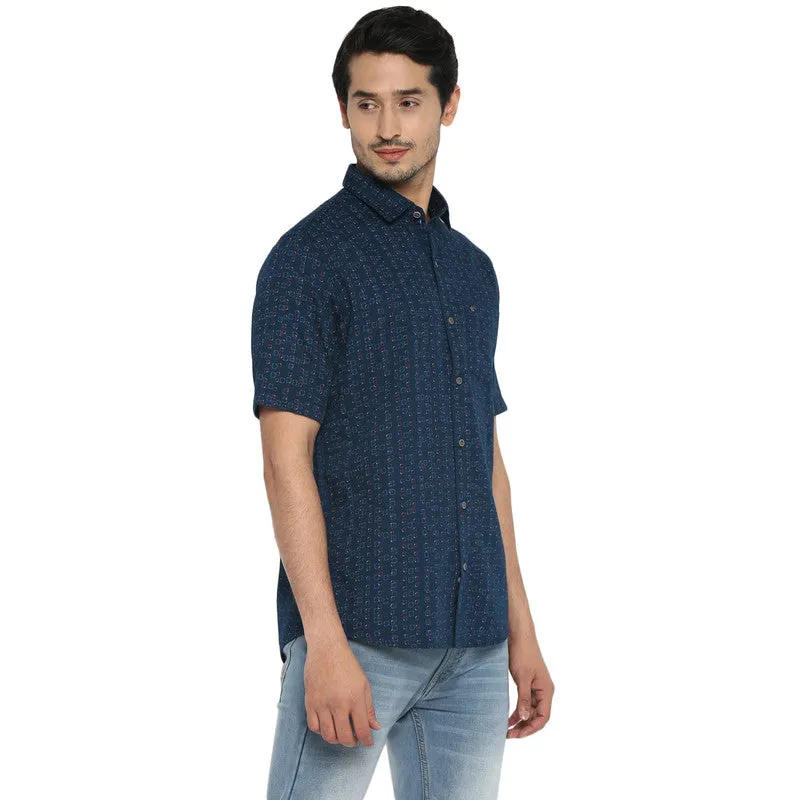 Turtle Men Cotton Navy Blue Slim Fit Printed Shirts