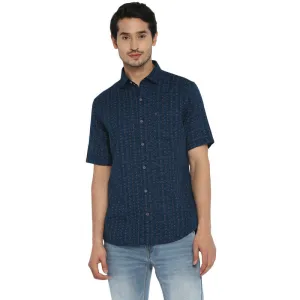Turtle Men Cotton Navy Blue Slim Fit Printed Shirts